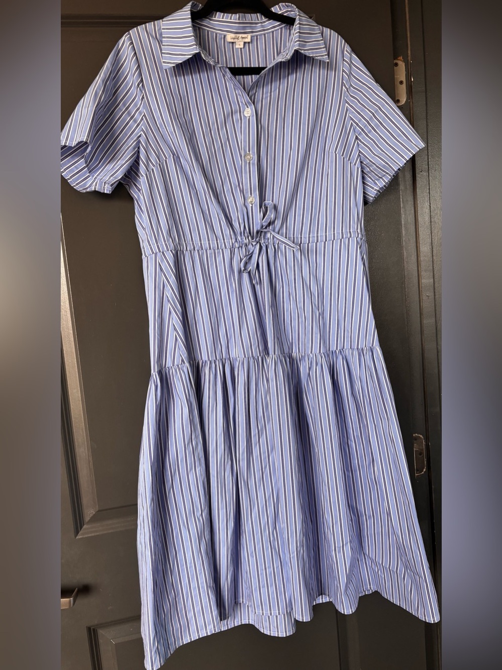 Blue Striped Midi Shirt Dress with Tie Waist